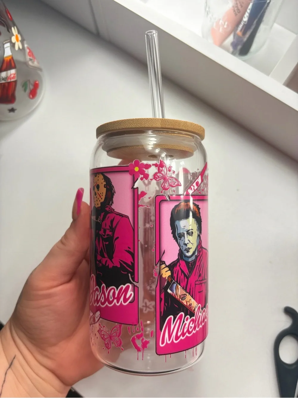 Ghostface Pink Acrylic Drink Jar with Bamboo Lid and Straw - Pink Ghost Design
